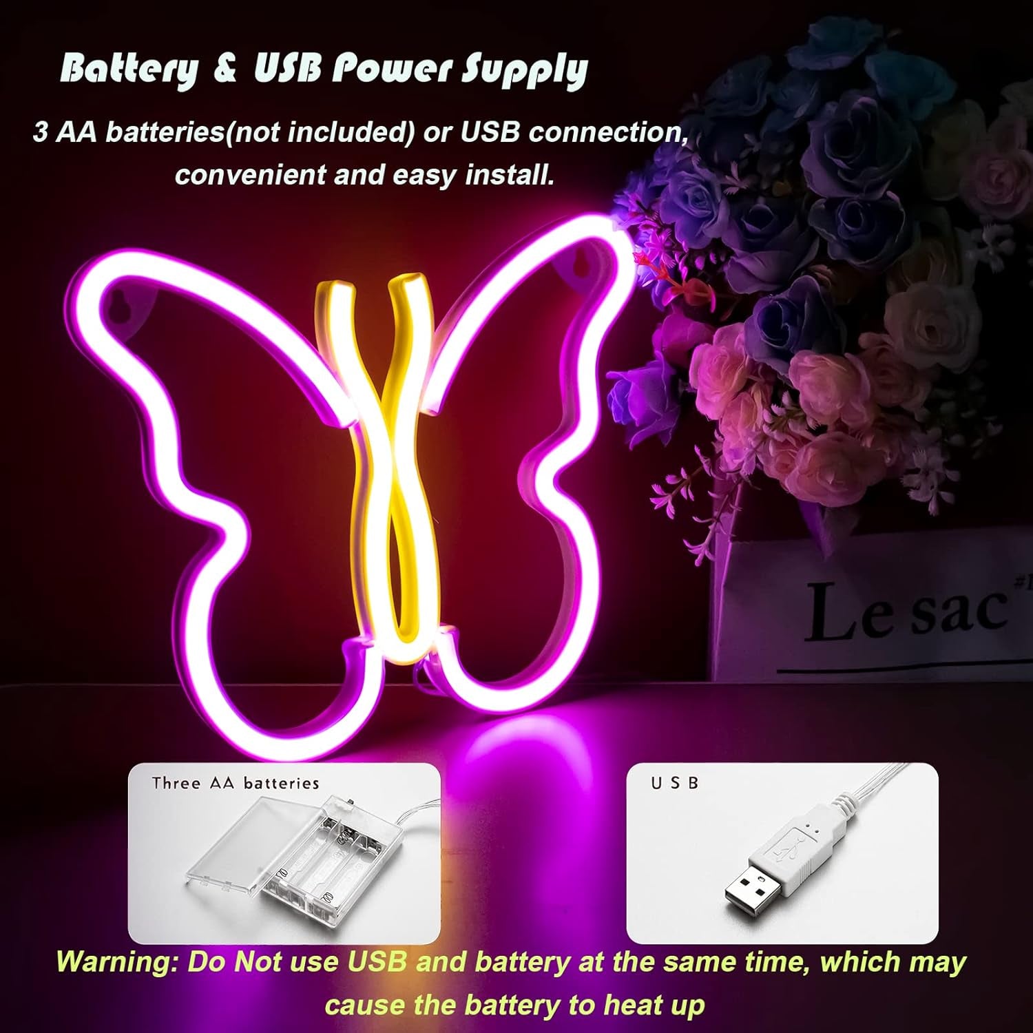 Butterfly Neon Signs Lights for Bedroom Wall Decor, USB or Battery LED Neon Night Light Wall Decoration, Aesthetic Room Decor for Girls, Kids, Living Room, Bar, Dorm, Men Cave